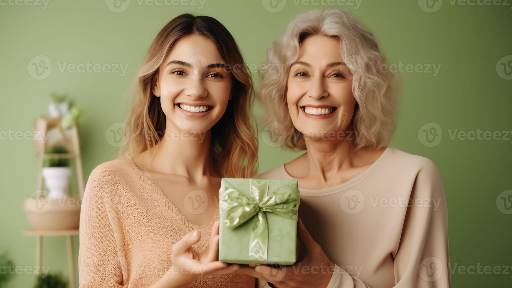 ai generativo lleno de alegría hermosa medio Envejecido madre sentar con crecido arriba hija sostener regalo y flores familia riendo celebrando vida evento cumpleaños o primavera fiesta 8 de marzo internacional mujer foto