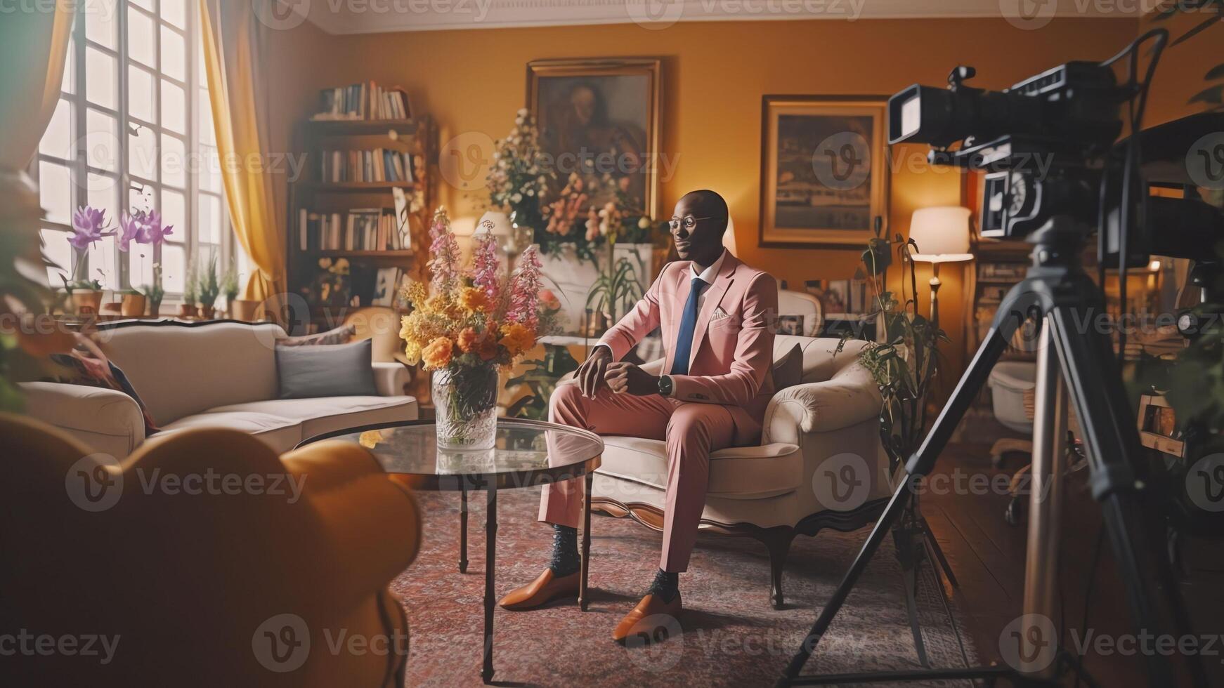 AI Generative Millennial african hipster man blogger recording vlog on digital camera sit on sofa in living room confident young guy vlogger influencer shooting social media video blog on camcor photo