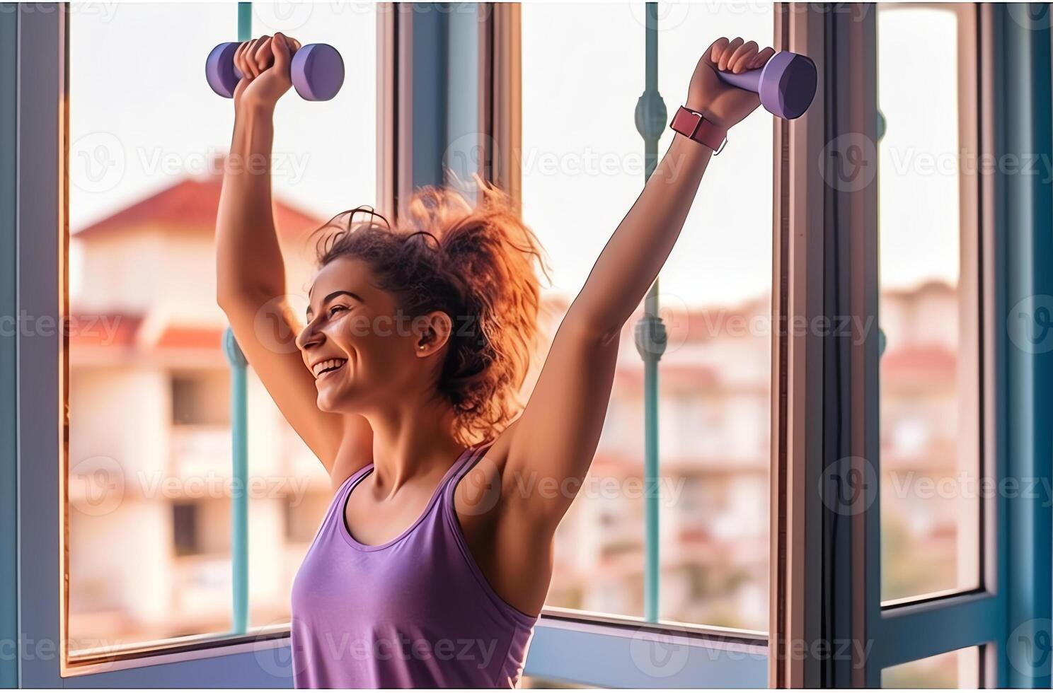 AI Generative Overjoyed young Indian woman open curtains look in window distance meet welcome new day at home Smiling millennial mixed race female feel excited about life career opportunities or photo