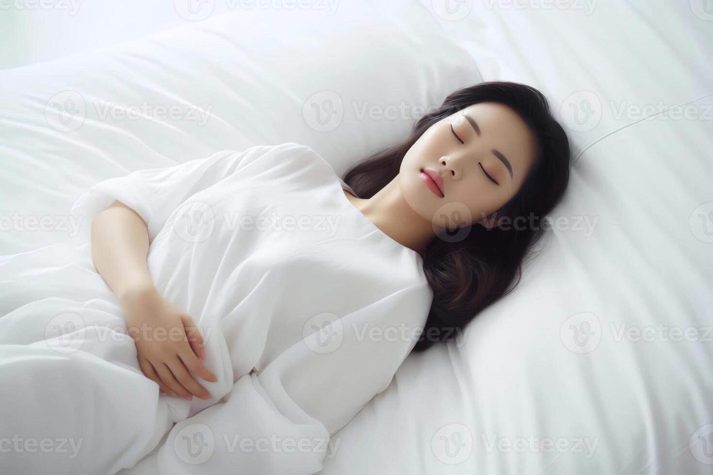 ai generativo pacífico sereno hermosa joven dama vestir pijama acostado dormido relajante dormido en acogedor blanco cama en suave almohada descansando cubierto con cobija disfrutando bueno sano dormir concepto encima t foto