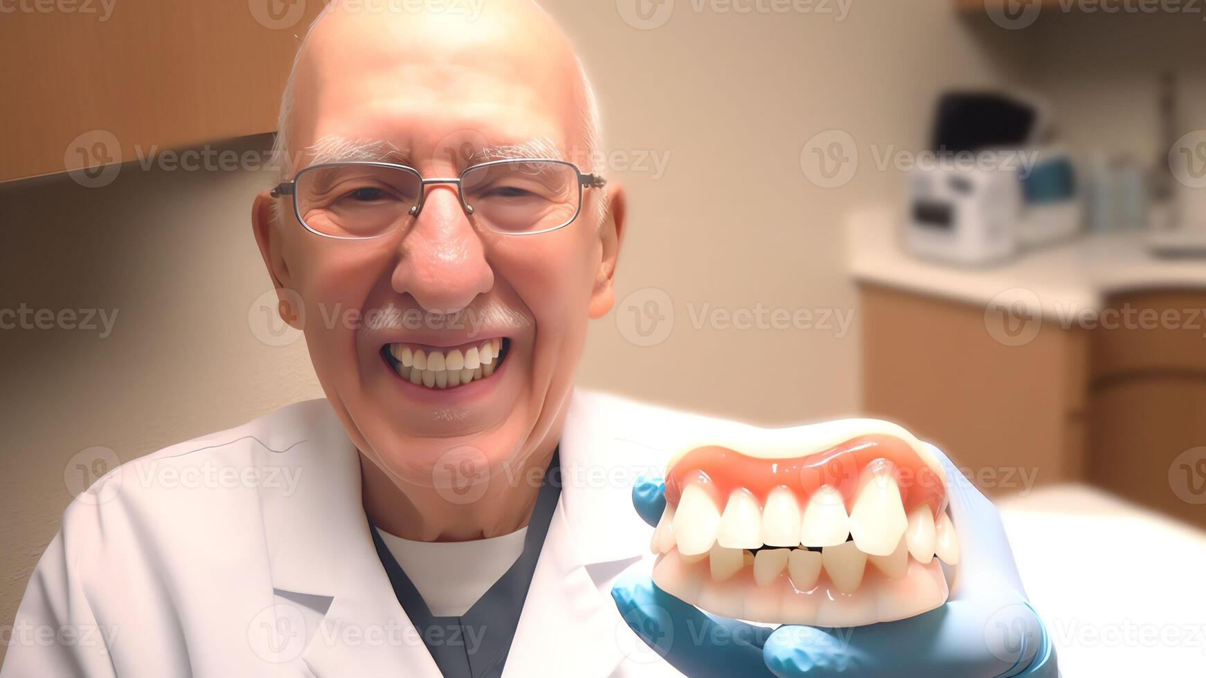 AI Generative Portrait of happy senior grandfather sitting on couch looking at camera demonstrating white healthy teeth in smile Satisfied elderly man patient having healthy habit of regular vis photo