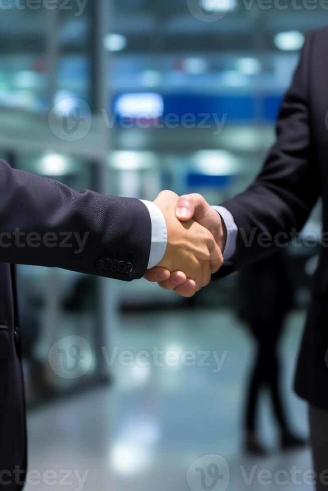 AI Generative Professional business man hr consultant salesman wear suit extending hand at camera for handshake greeting offering cooperation welcoming for collaboration introduction concept clo photo