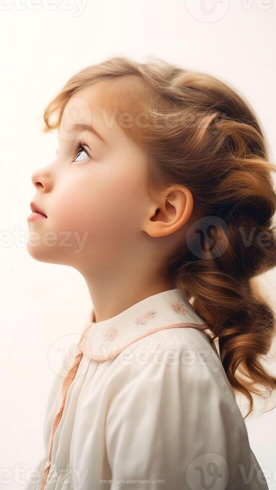 AI Generative Profile side view face brownhaired little girl standing isolated on beige studio background preschool kid do deep breath enjoy fresh air or dreaming fill with energy feeling healthy and photo