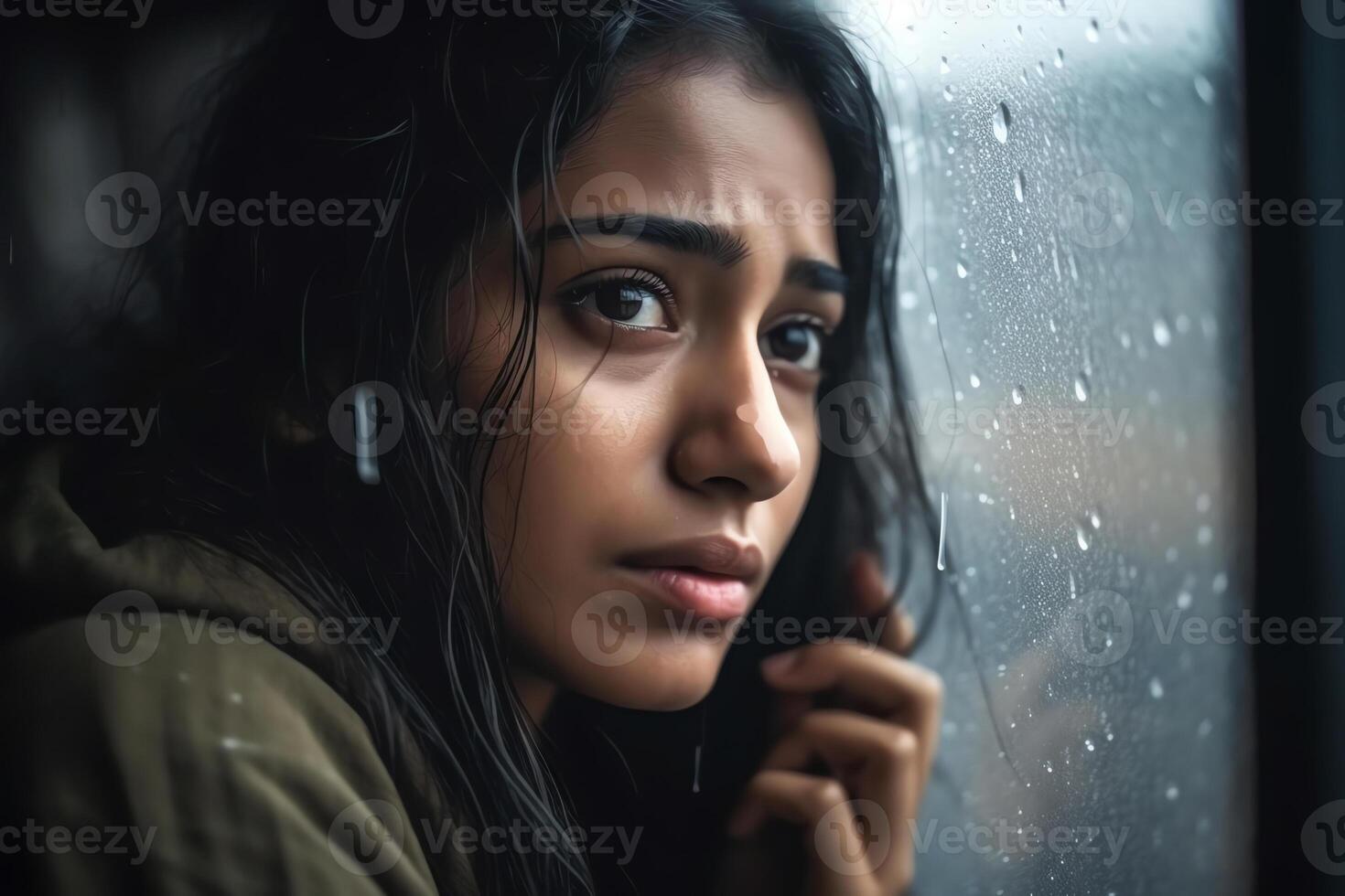 AI Generative Raindrops like tears Sad lonely latina female sit on windowsill in melancholic mood watch rain outside feeling her heart broken Pensive young woman hug herself suffer of unanswered love photo