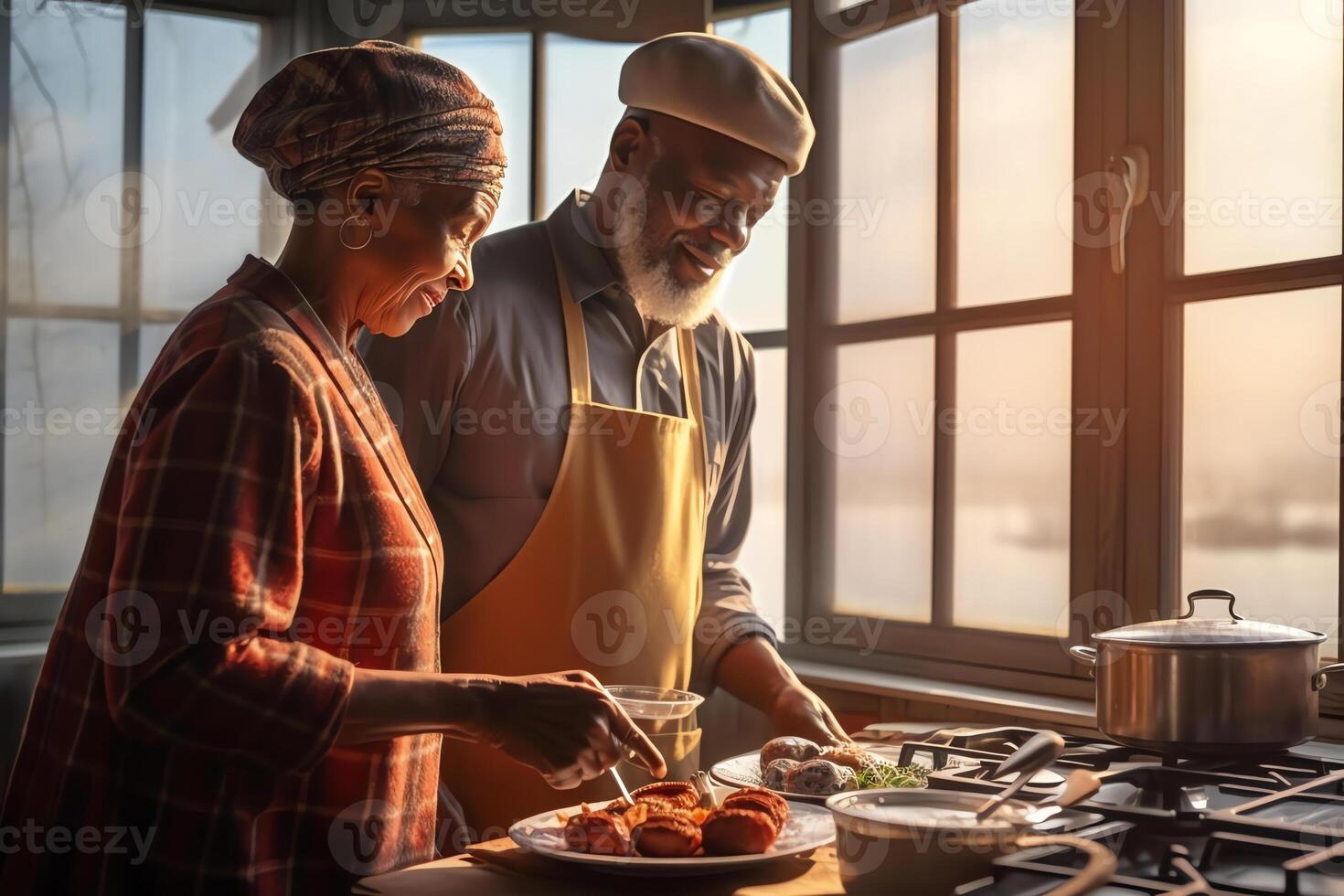 AI Generative Rear view at middle aged loving couple preparing breakfast together in the kitchen standing at big window caring mature husband helping senior wife to cook morning meal old people photo