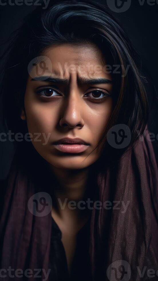 AI Generative Sad melancholic young indian woman pensive face looking AI Generative Sad melancholic young indian woman pensive face looking