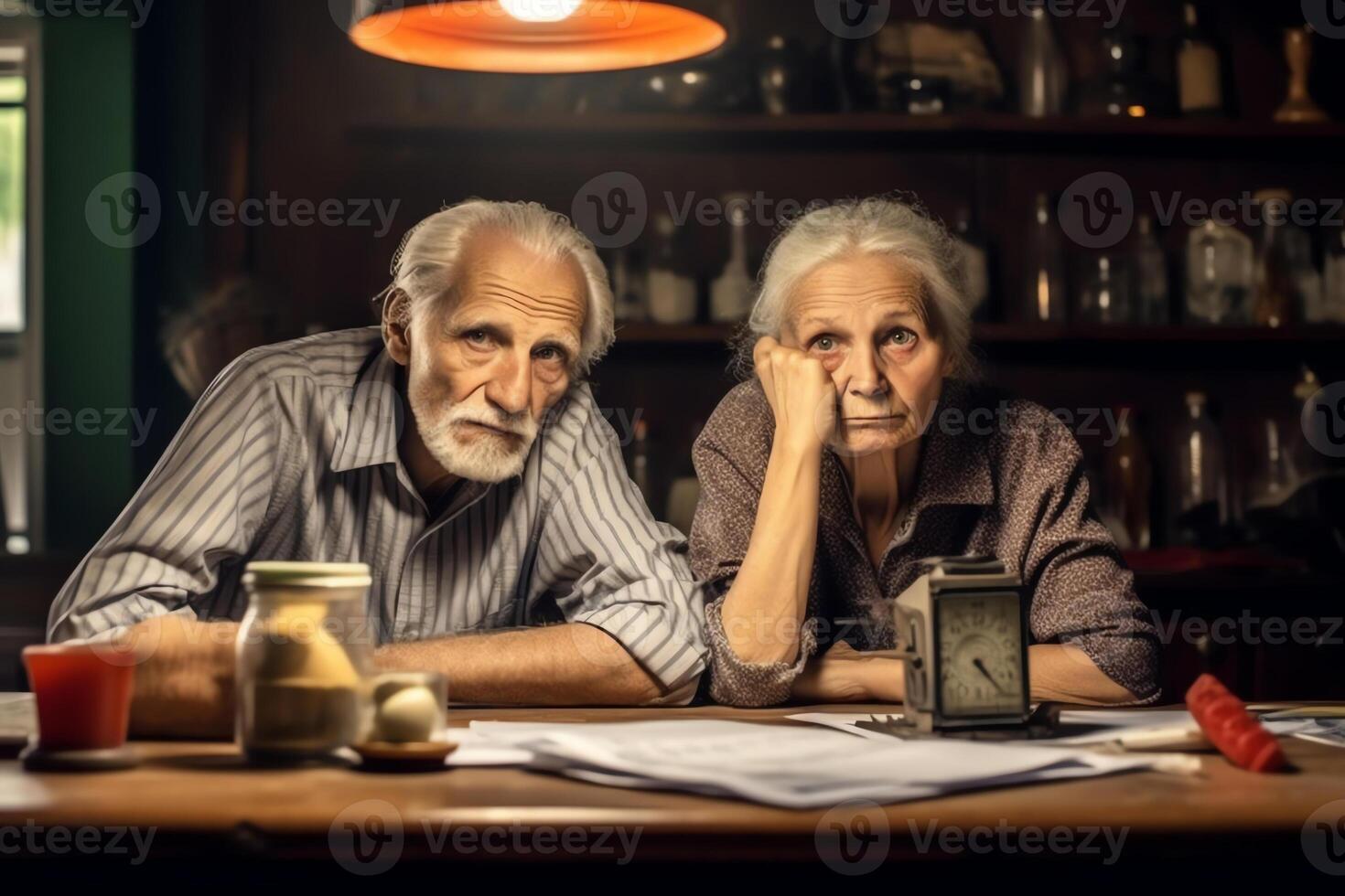 AI Generative Serious worried senior couple calculating bills to pay or checking domestic finances stressed of debt retired elderly old family reading documents concerned about loan bankruptcy money p photo