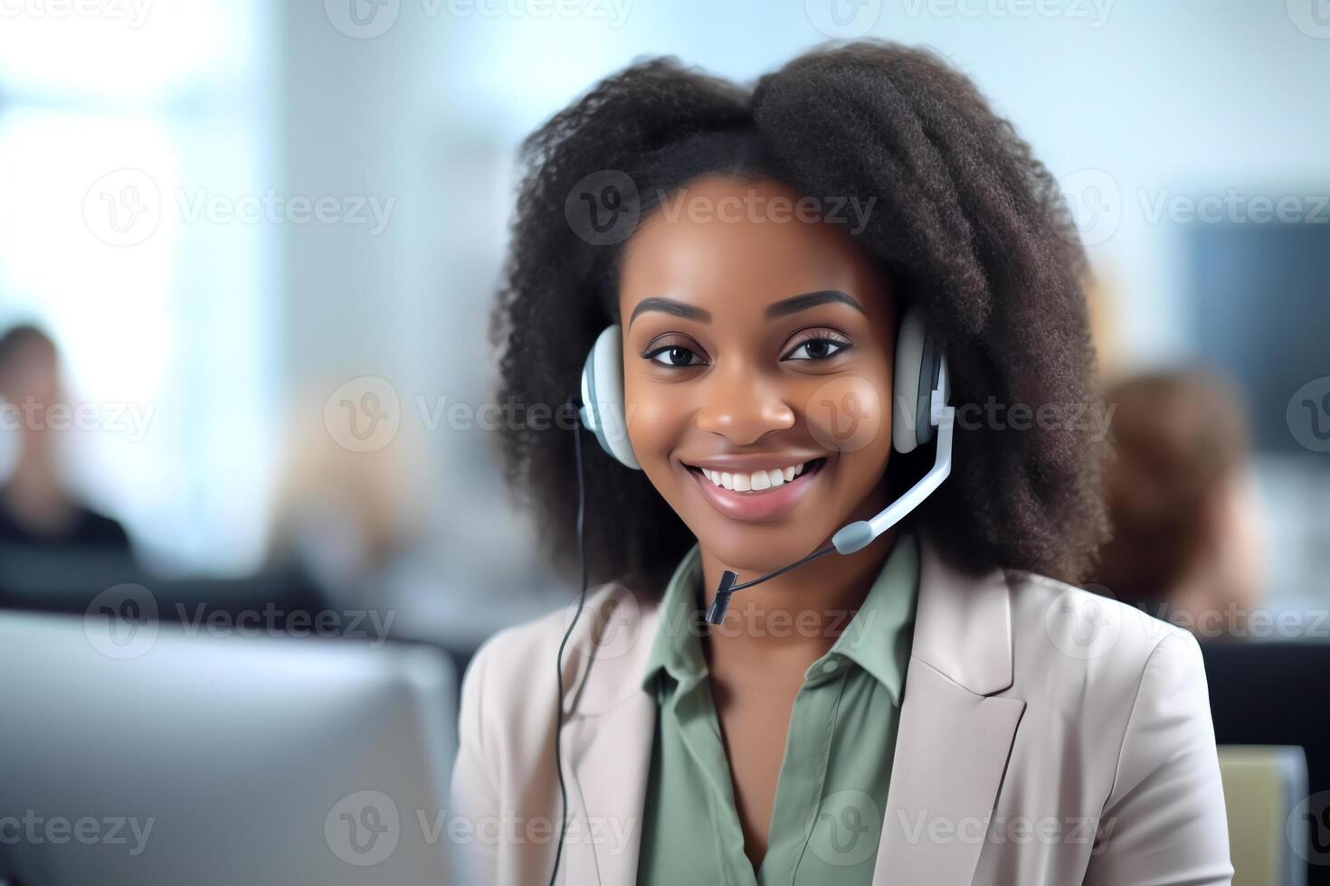 AI Generative Serious young african call center operator customer care