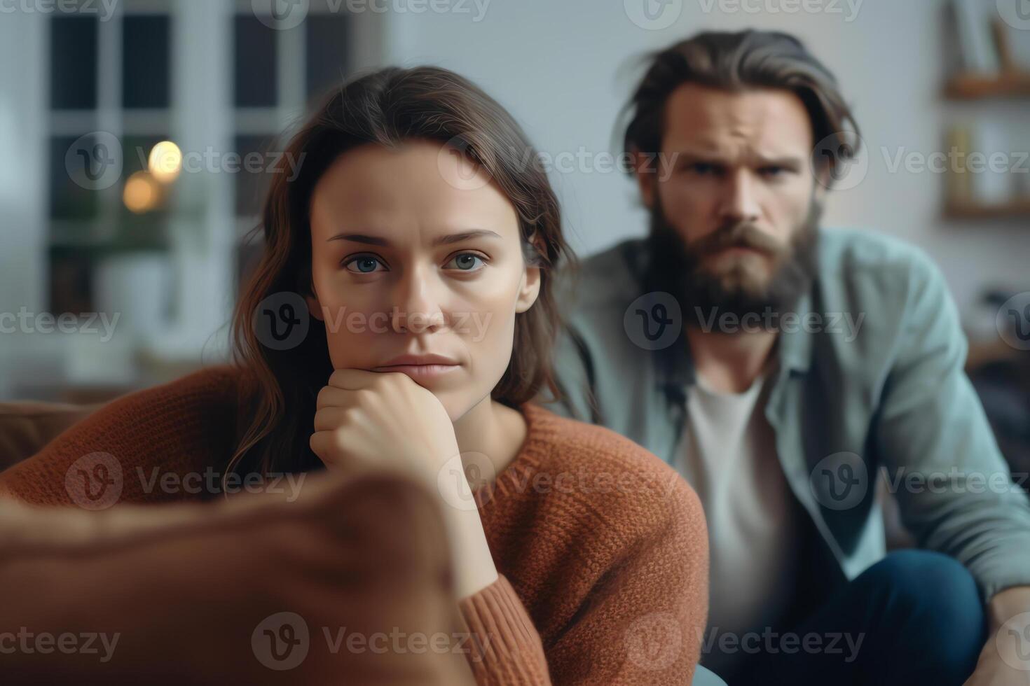 AI Generative Serious young couple sitting together on sofa talking about relationships spending time together at home focused wife listening to speaking husband friends having conversation photo