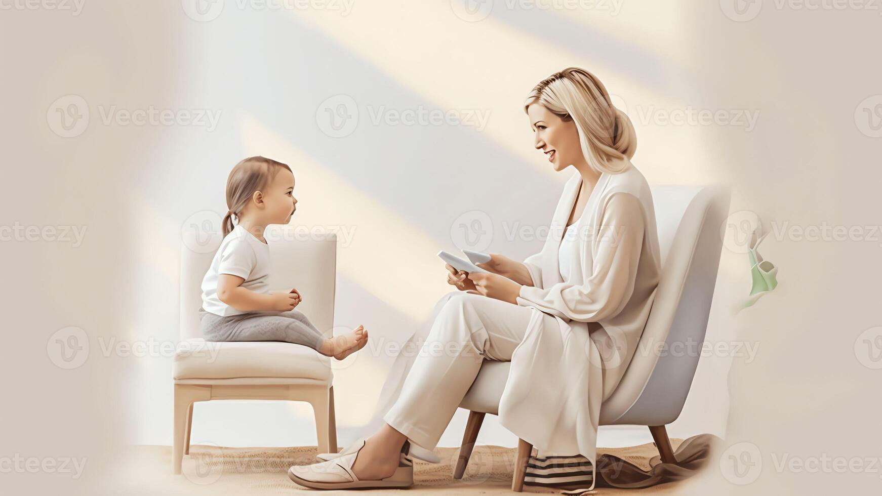 AI Generative Serious young mom or nanny sit on couch with little preschooler girl talk sharing secrets focused mother have conversation with small daughter lecture or scold child children upbri photo