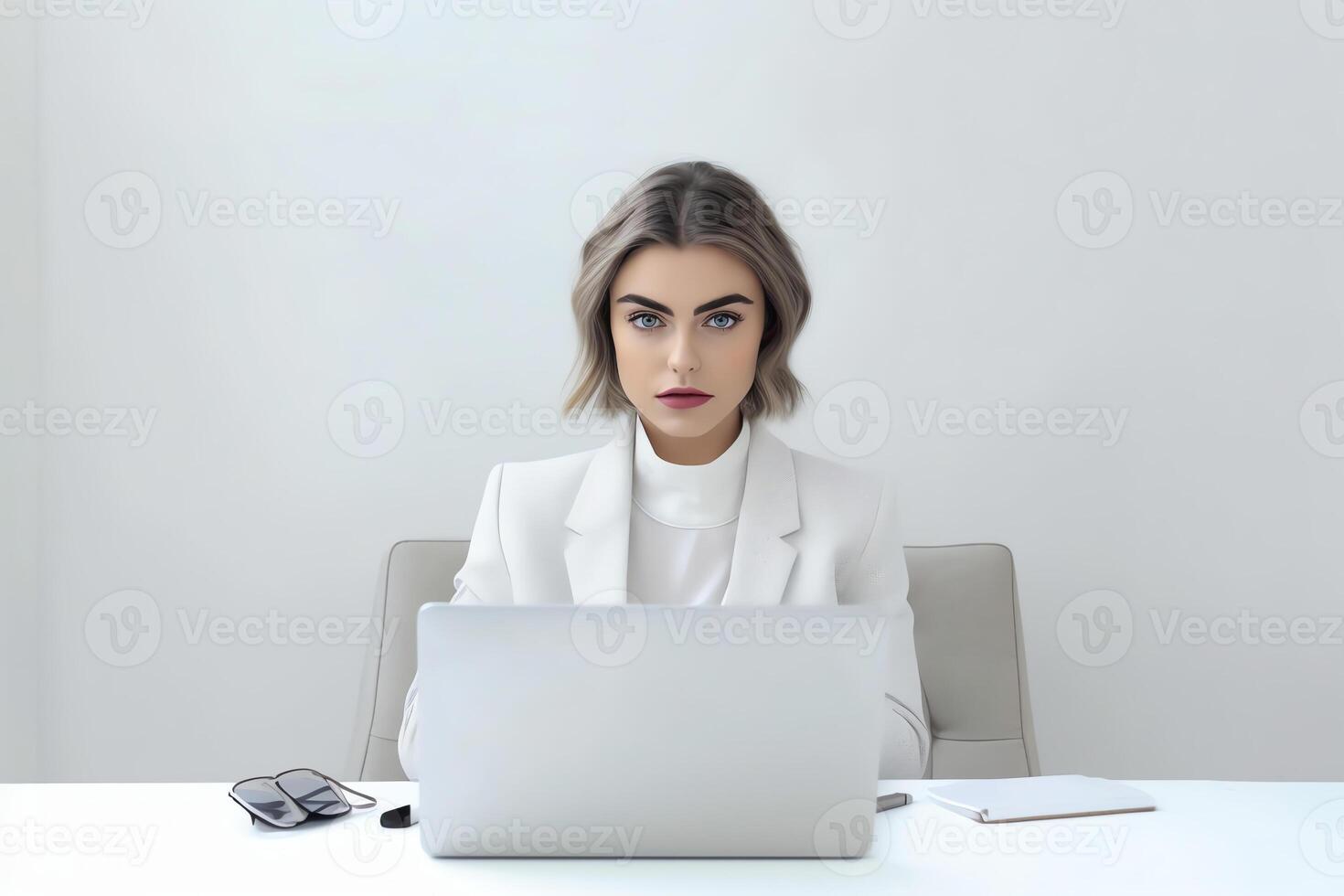 AI Generative Serious young girl intern focused on writing email working on computer young female office employee or trainee apprentice using pc mail software for corporate clients communication or su photo