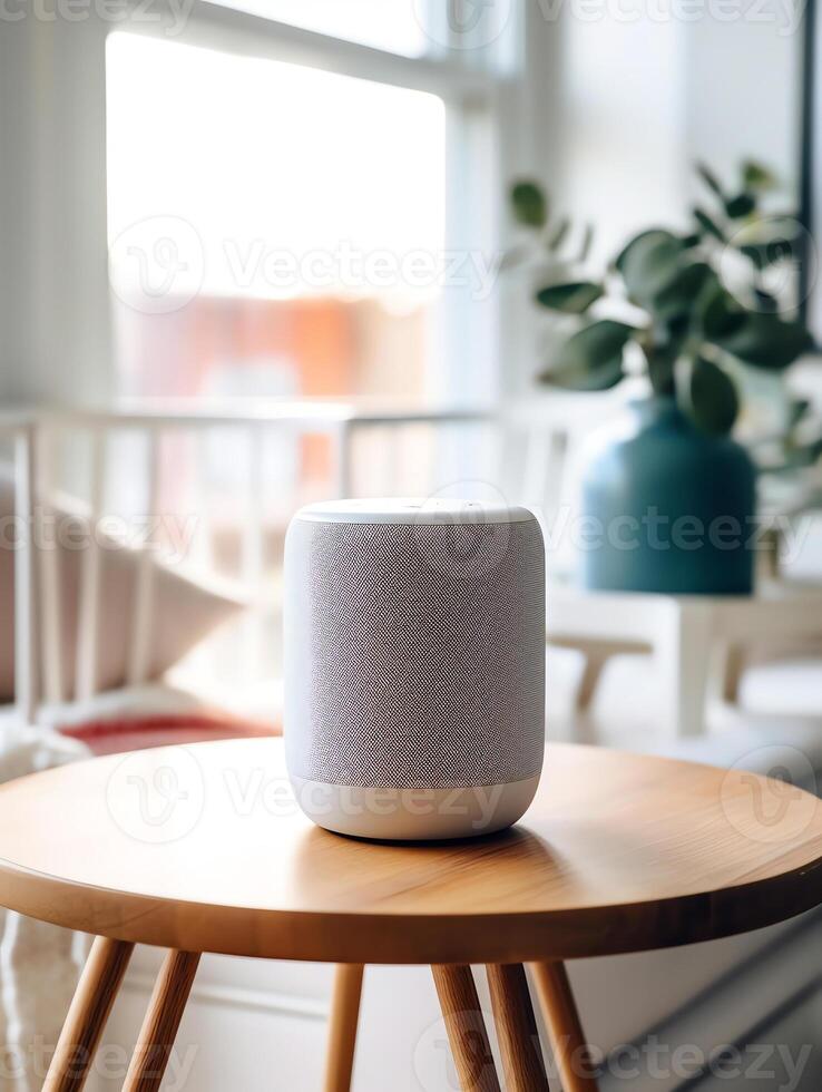 AI Generative Small smart portable wireless speaker on table in living room with african american woman sit on sofa on background mini stereo equipment for sound and digital assistance at home concept photo