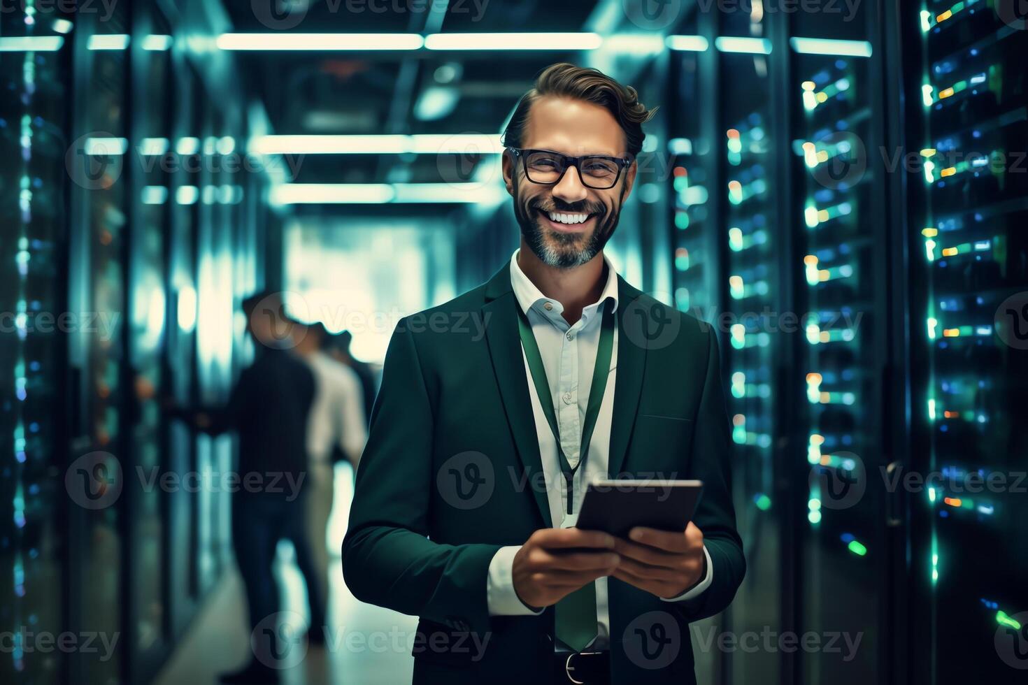 AI Generative Smiling businessman wearing glasses using computer tablet standing in modern cabinet happy positive man enjoying leisure time playing game chatting in social network browsing apps photo