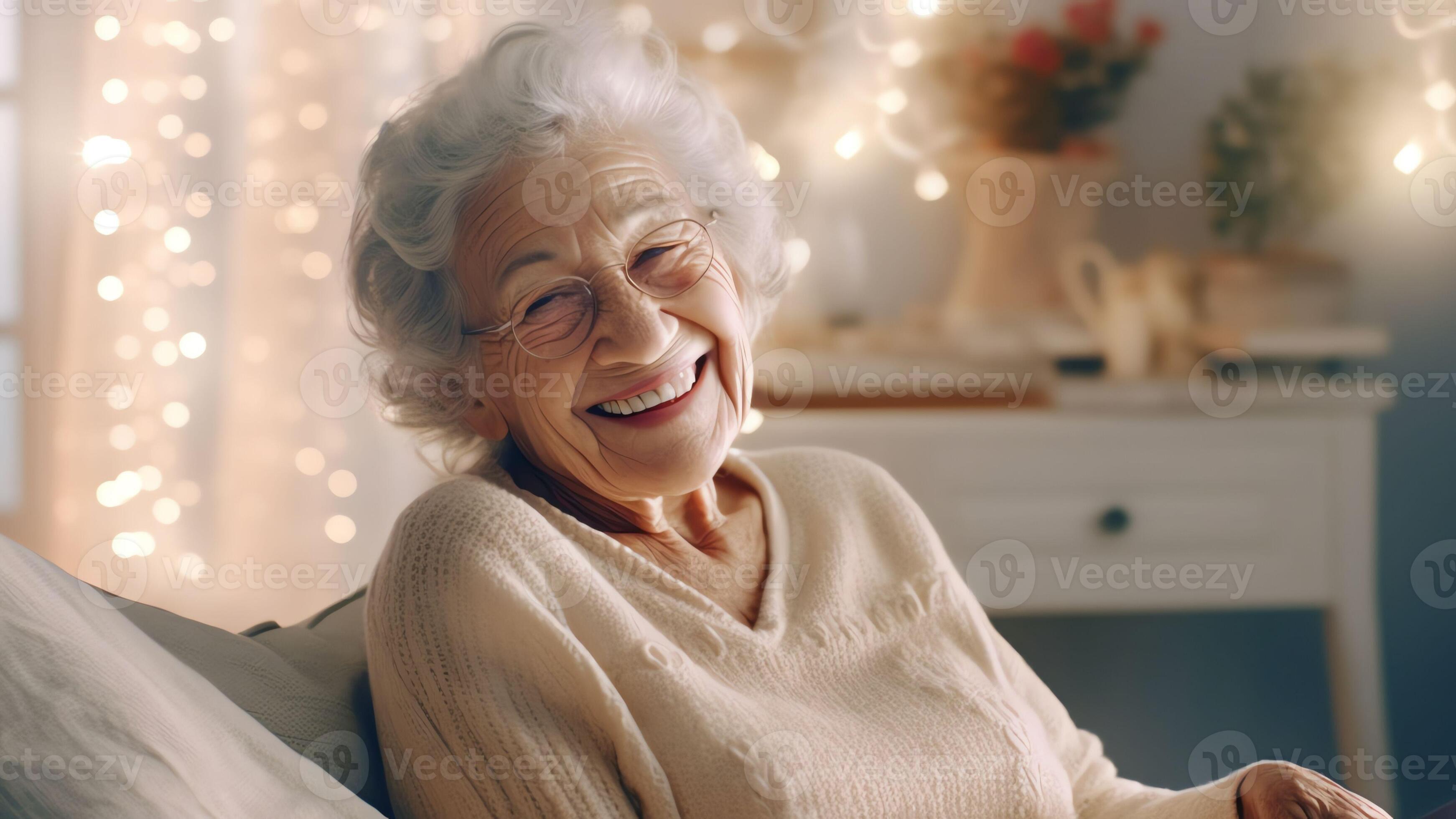 AI Generative Smiling elderly woman look in distance feel cheerful