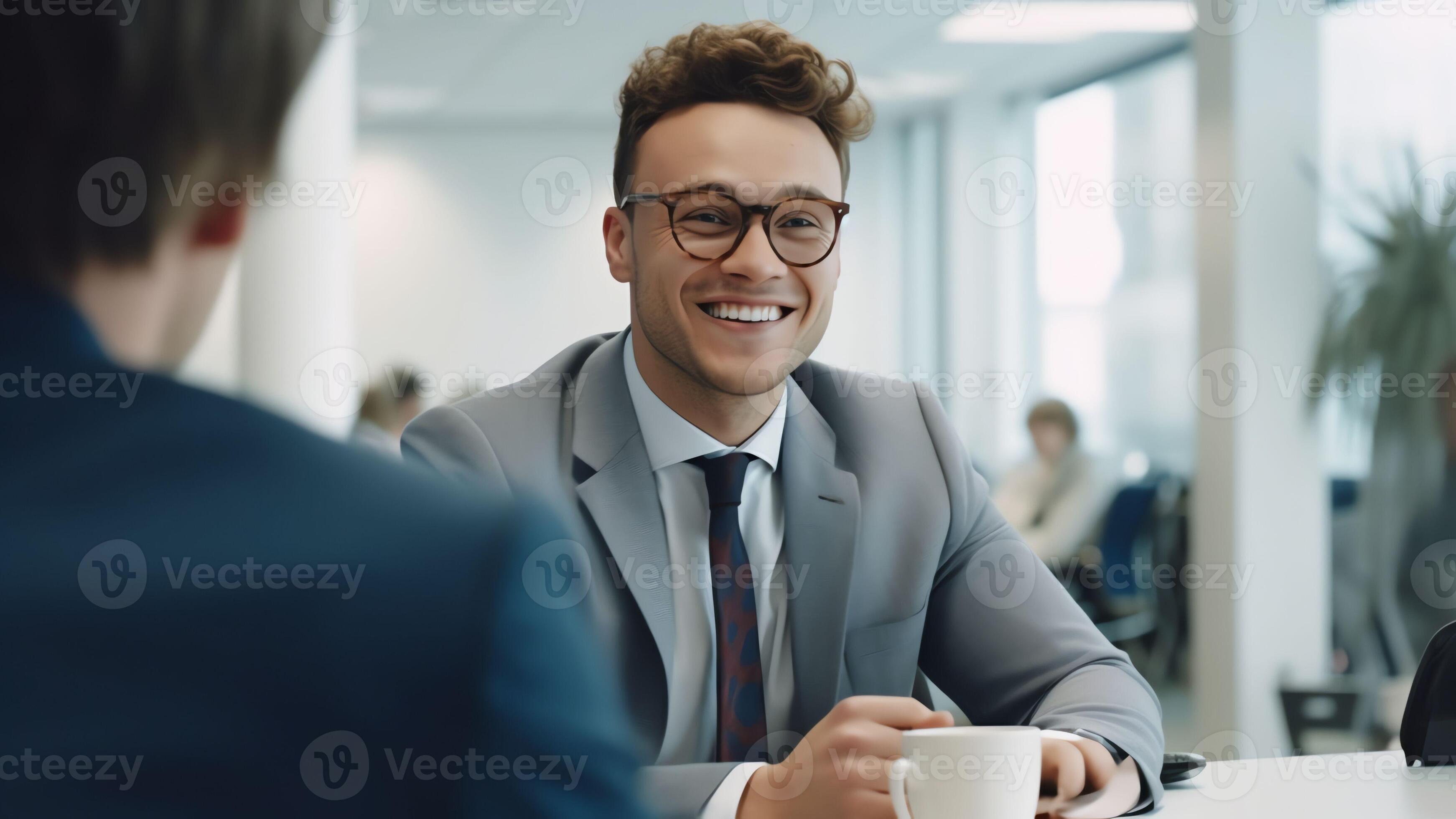 AI Generative Smiling hr manager sit at desk opposite male candidate on