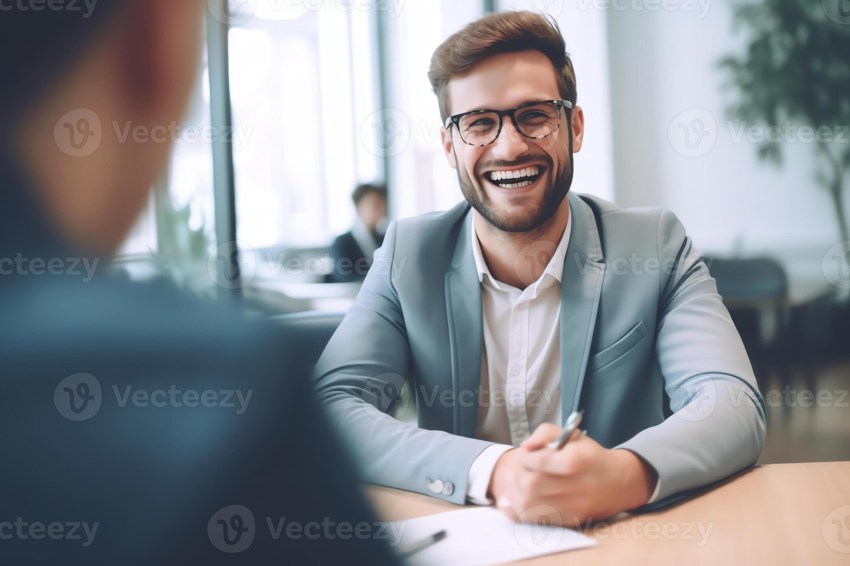 AI Generative Smiling hr manager sit at desk opposite male candidate on