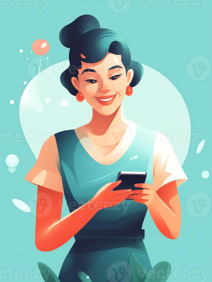 AI Generative Smiling woman holding phone speak activate virtual digital voice recognition assistant on smartphone at home happy girl command internet assistance record message mobile app ai technolog photo
