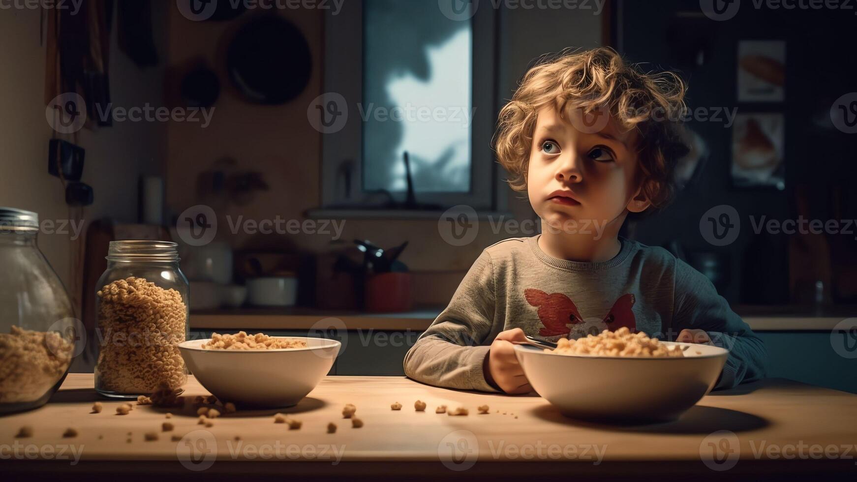 ai generativo testarudo pequeño niño chico rechazando comiendo seco desayuno maíz copos con Leche sentado en cocina sin apetito trastornado pequeño masculino niño lo hace no querer comiendo insípido comida pérdida de foto