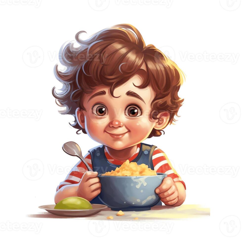 ai generativo testarudo pequeño niño chico rechazando comiendo seco desayuno maíz copos con Leche sentado en cocina sin apetito trastornado pequeño masculino niño lo hace no querer comiendo insípido comida pérdida de foto