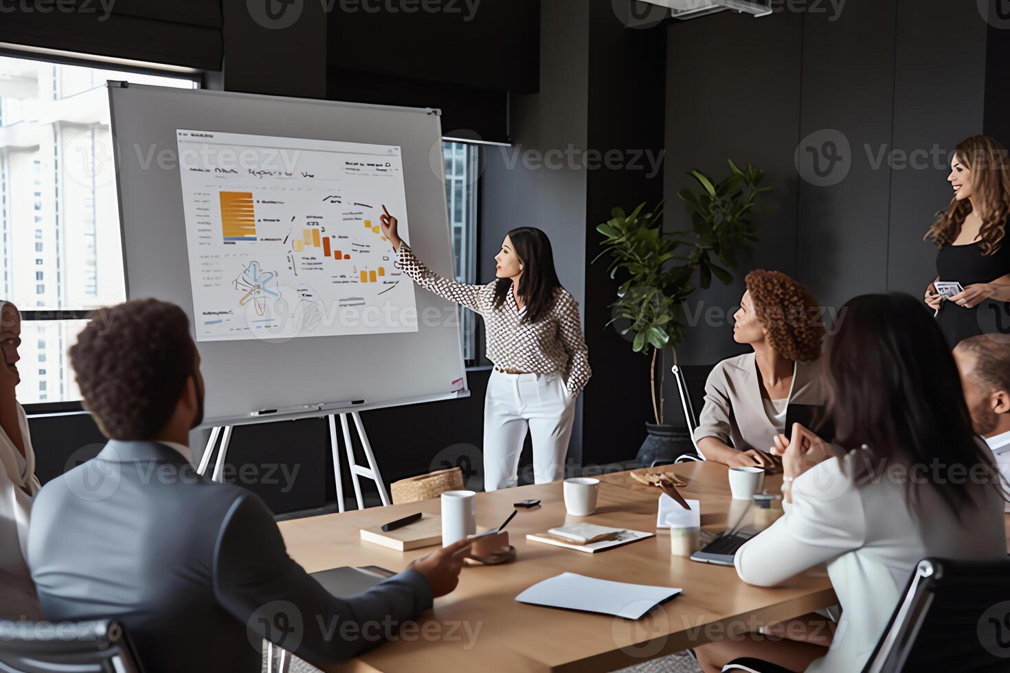 AI Generative Two diverse businesswomen giving flip chart presentation at corporate meeting Indian and Arabic employees presenting teamwork results financial project statistics mentors training photo