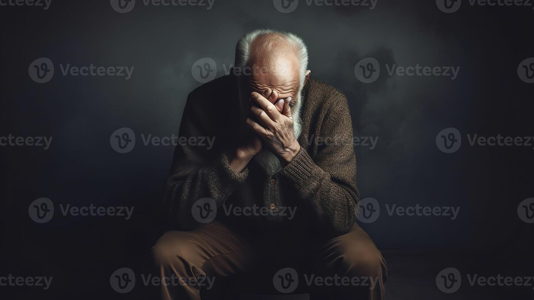 AI Generative Unhappy lonely grey haired mature man sitting alone sad old husband missing wife upset middle aged male lost in thoughts remembering past elderly and loneliness concept close up horizont photo