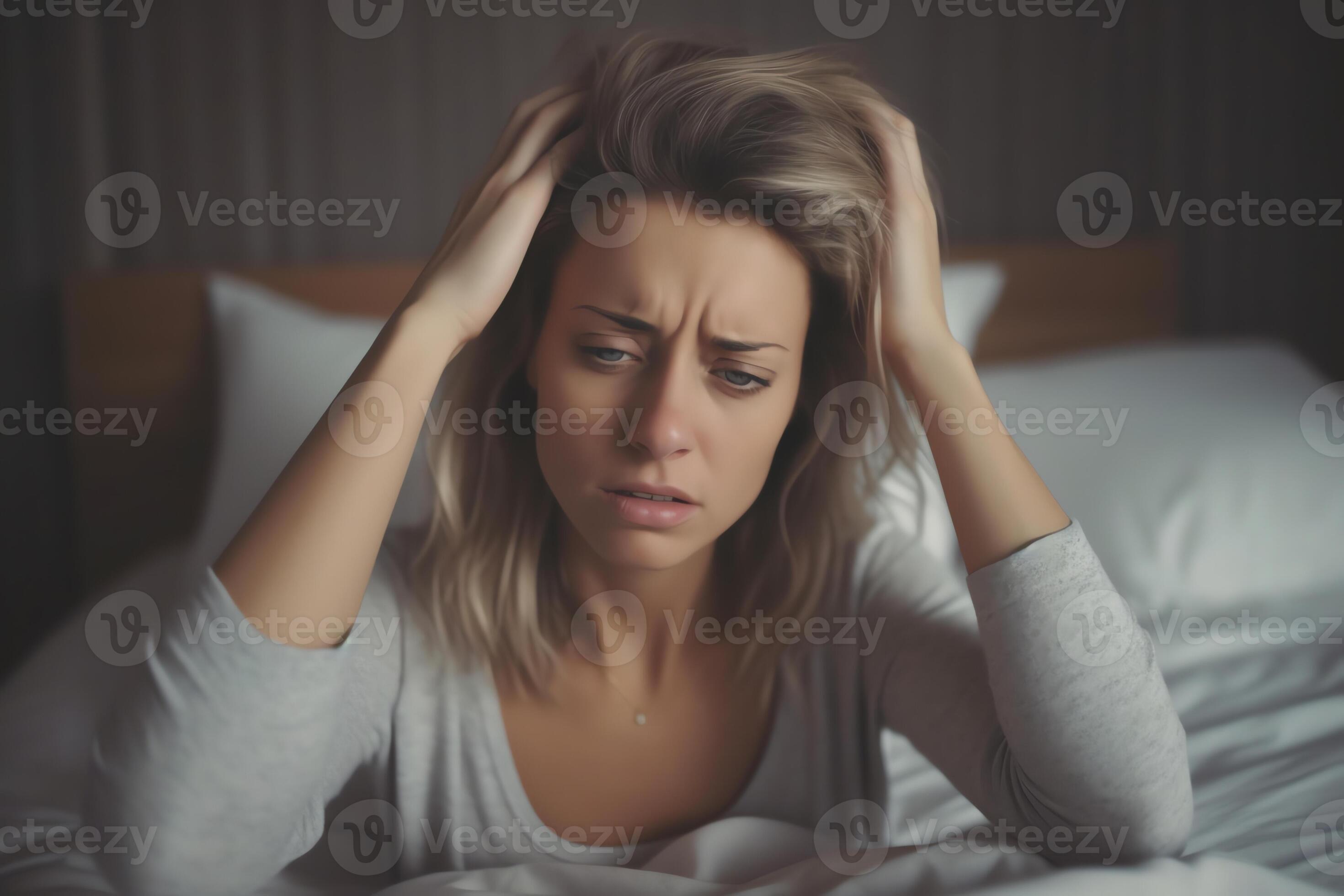 AI Generative Unhappy young woman waking up in bed