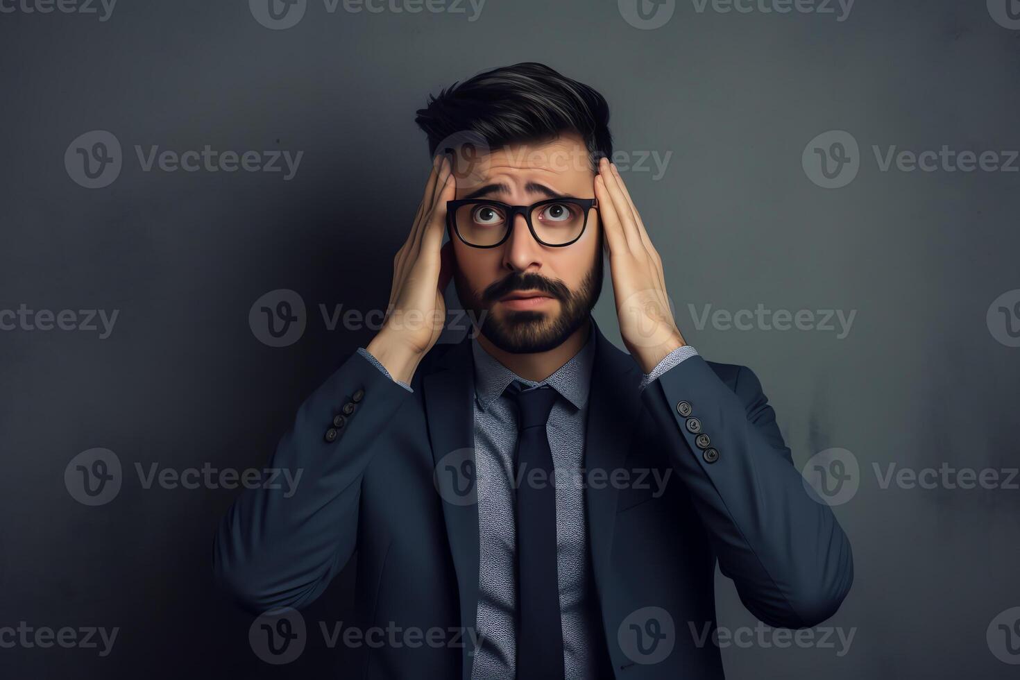 AI Generative Upset businessman banging his head against wall in despair looks stressed having problems at work bankruptcy business failure unsuccessful negotiations project loss failed job inte photo