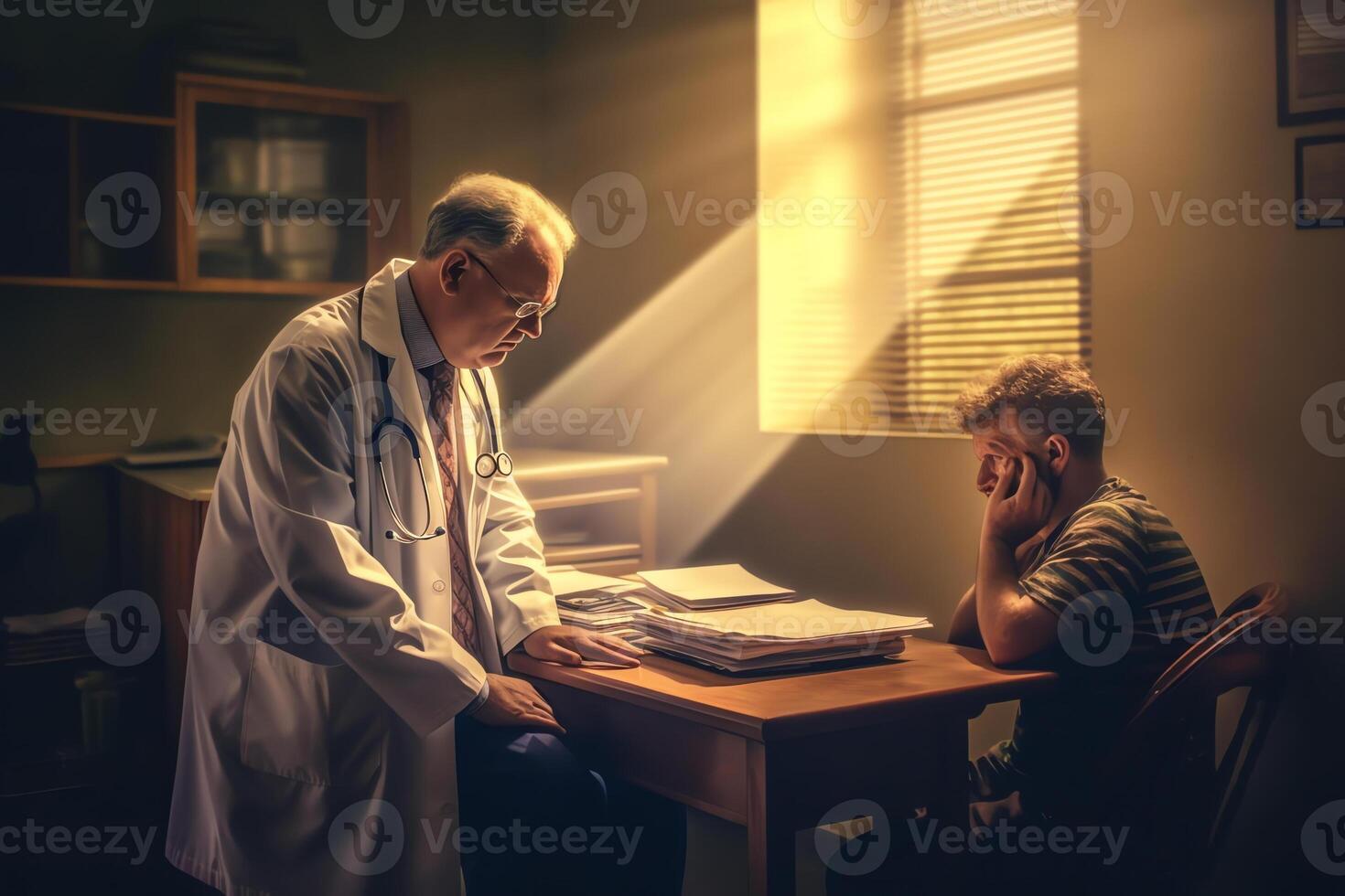 AI Generative Young female professional doctor physician consulting old male patient talking to senior adult man client at medical checkup visit Geriatric diseases treatment Elderly medical health car photo