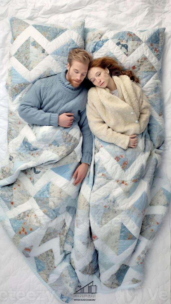 AI Generative Young girl and guy couple sleeping under blanket with their backs to each other in bed in bedroom at home top view Early morning lazy Sunday weekend or day napping People relaxing restin photo