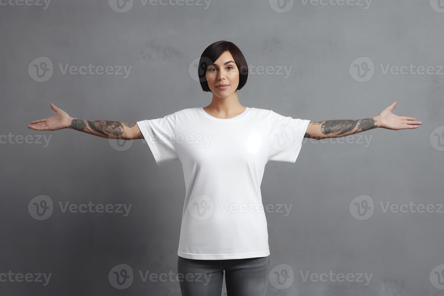 AI Generative Young funny woman wearing white tshirt stretched hands feels confused pose isolated on grey wall girl imagining alternatives weighs pros and cons choosing make not easy difficult d photo