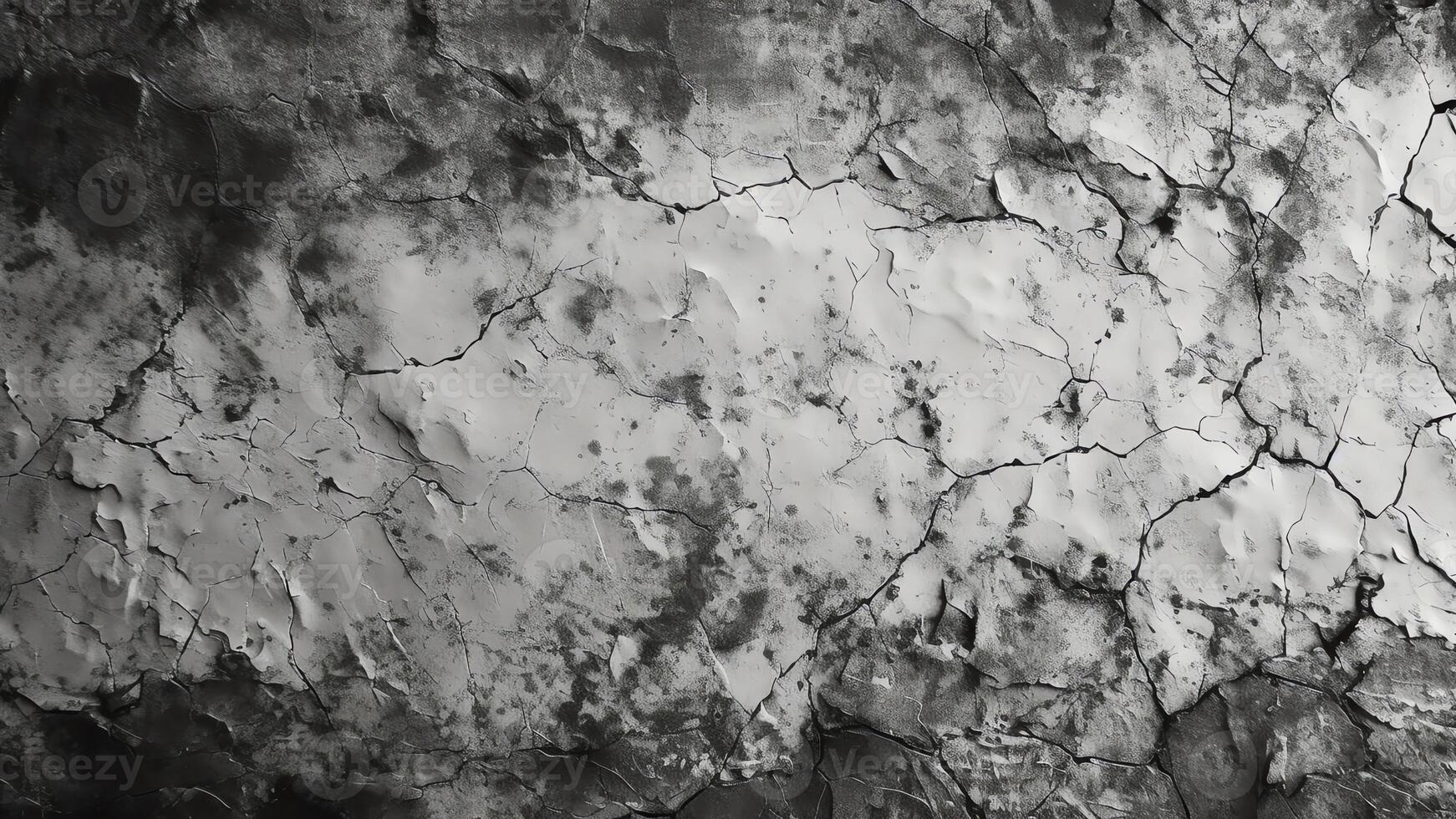 AI Generative Black white wall with cracks texture background Space for design Old broken damaged crumbled concrete surface Closeup Dark grunge banner Wide Long Panoramic Horror spooky creepy Ha photo
