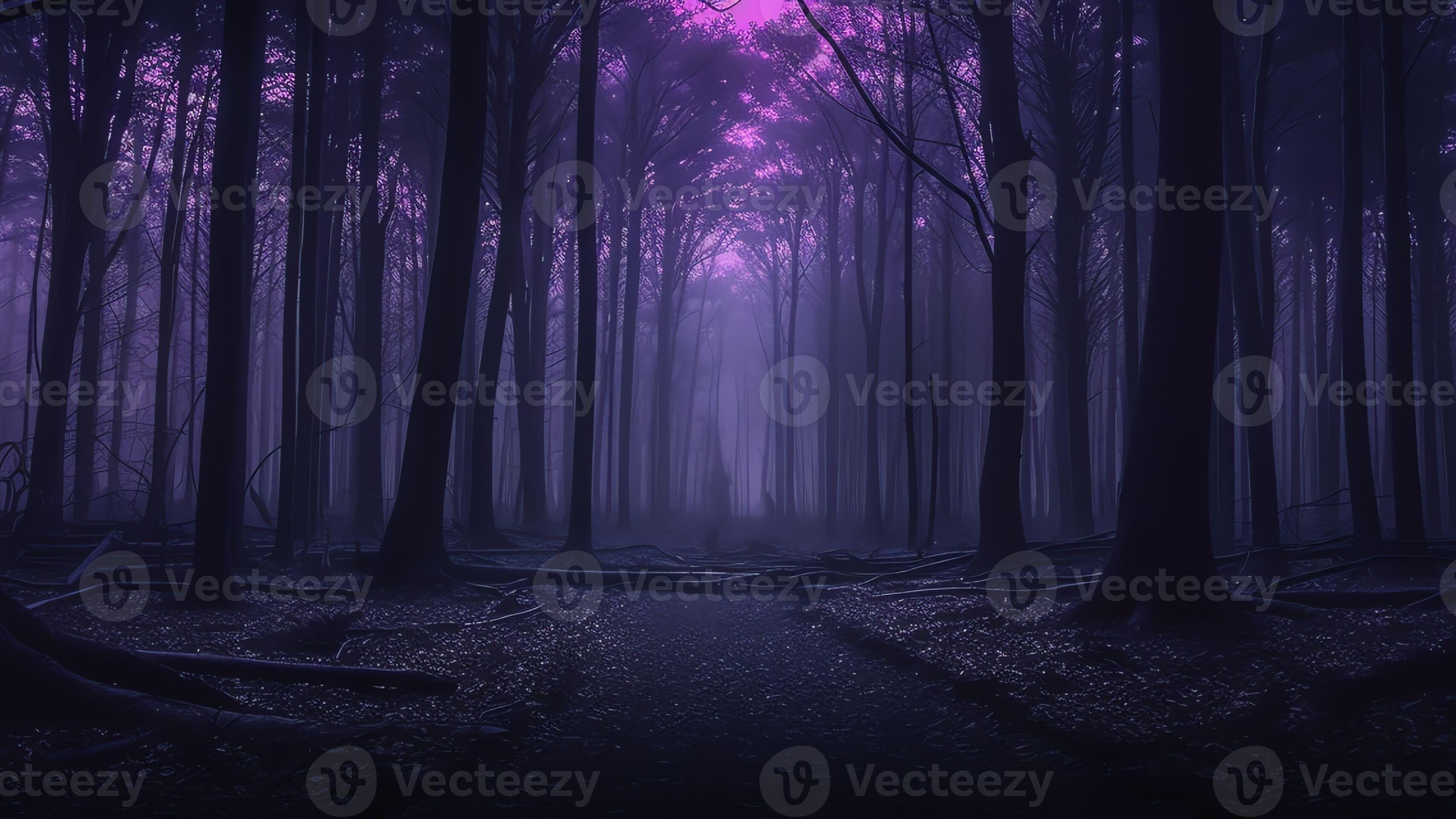 AI Generative Dark forest Night purple sky Black silhouettes of tall