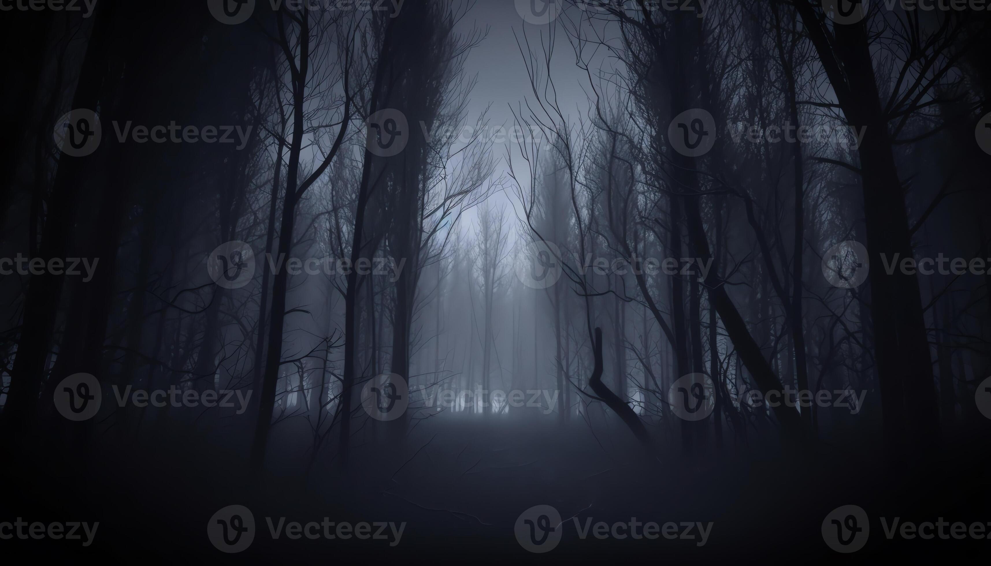 AI Generative Dark forest Night sky Black silhouettes of tall trees