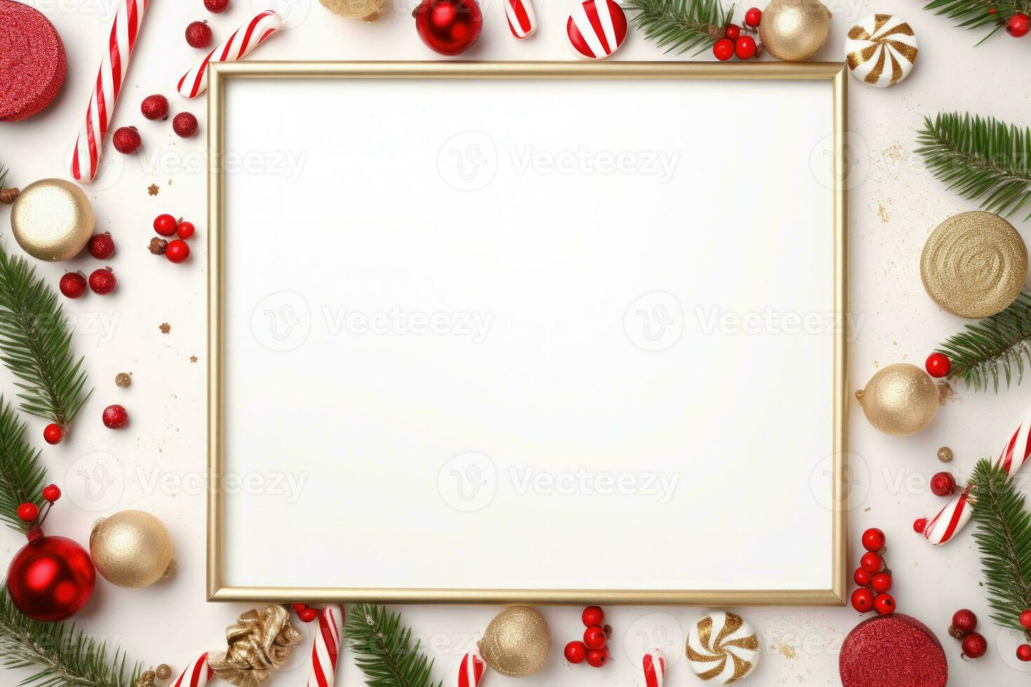 Christmas frame flat lay with pine, presents, golden elements, candy canes, confetti. AI generated photo