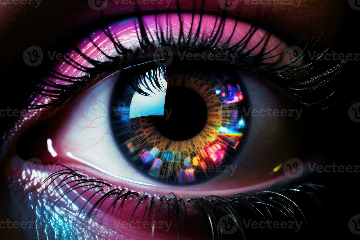 Close up of binary code reflected in the eye. Generative AI photo