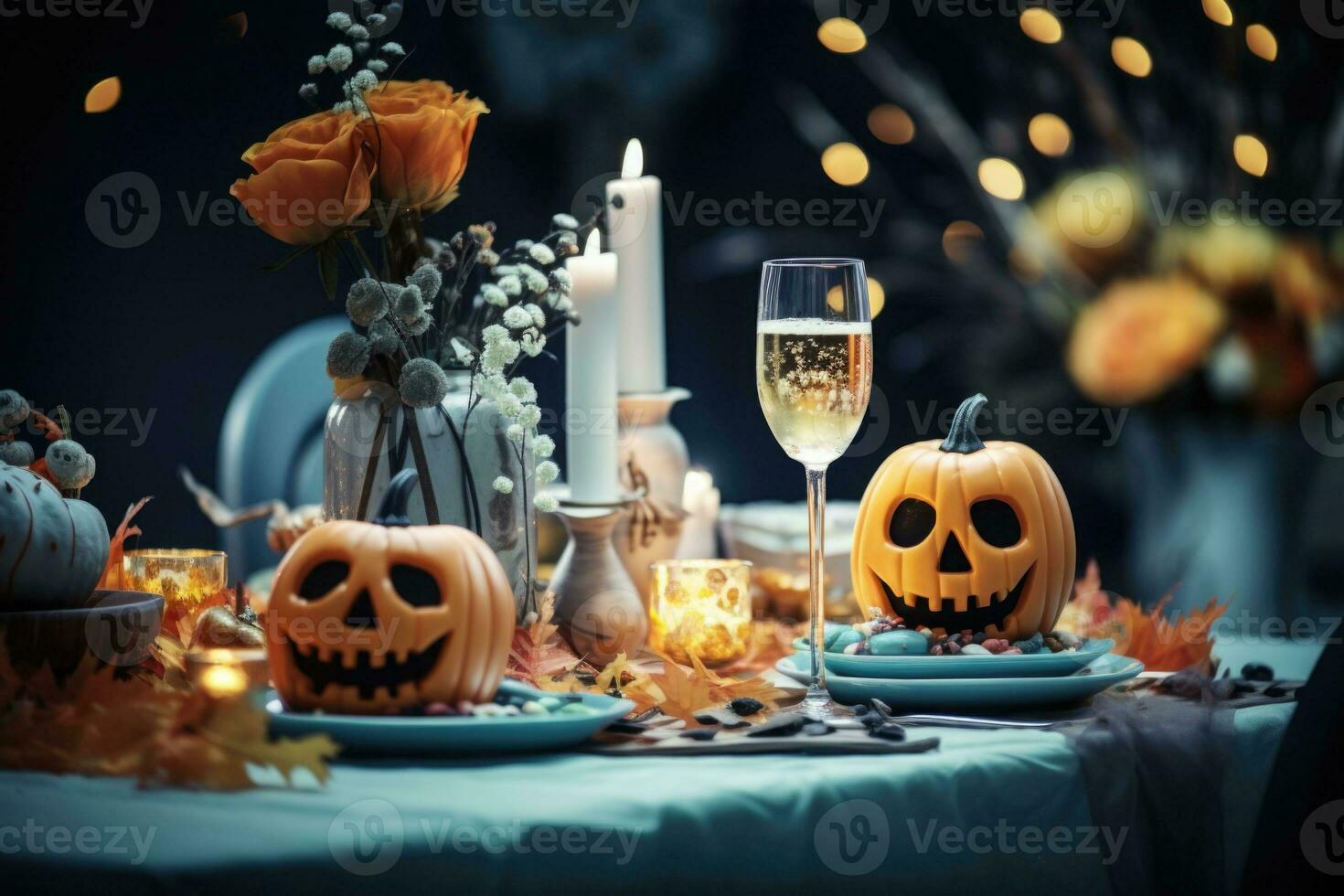Halloween table setting in pastel colors. Festive table decorated for halloween. AI generated photo