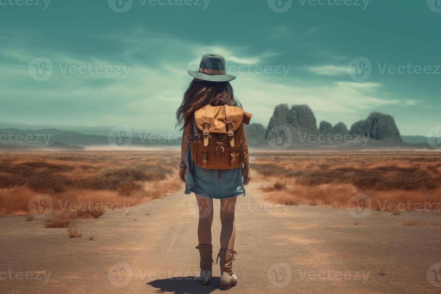 Traveling woman with backpack in summer background. photo