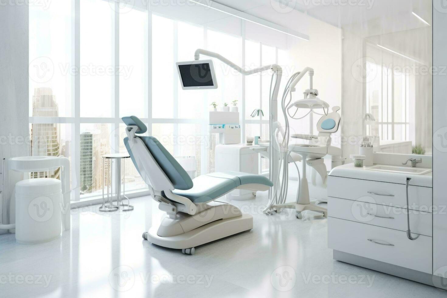 blanco interior de habitación con médico equipo en dental clínica. estomatología gabinete. generativo ai foto