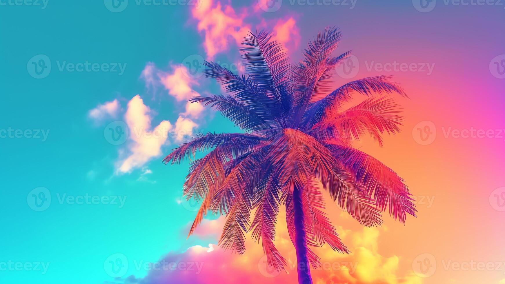 AI Generative Pink purple magenta tropical evening background for design Toned tree leaves against the sky with clouds Colorful sunset Exotic luxury background Travel vacation concept Festive photo