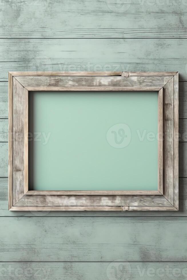 AI Generative Sign board on old wooden wall background Vintage signboard Wooden retro blank Dark blue green wood sign photo