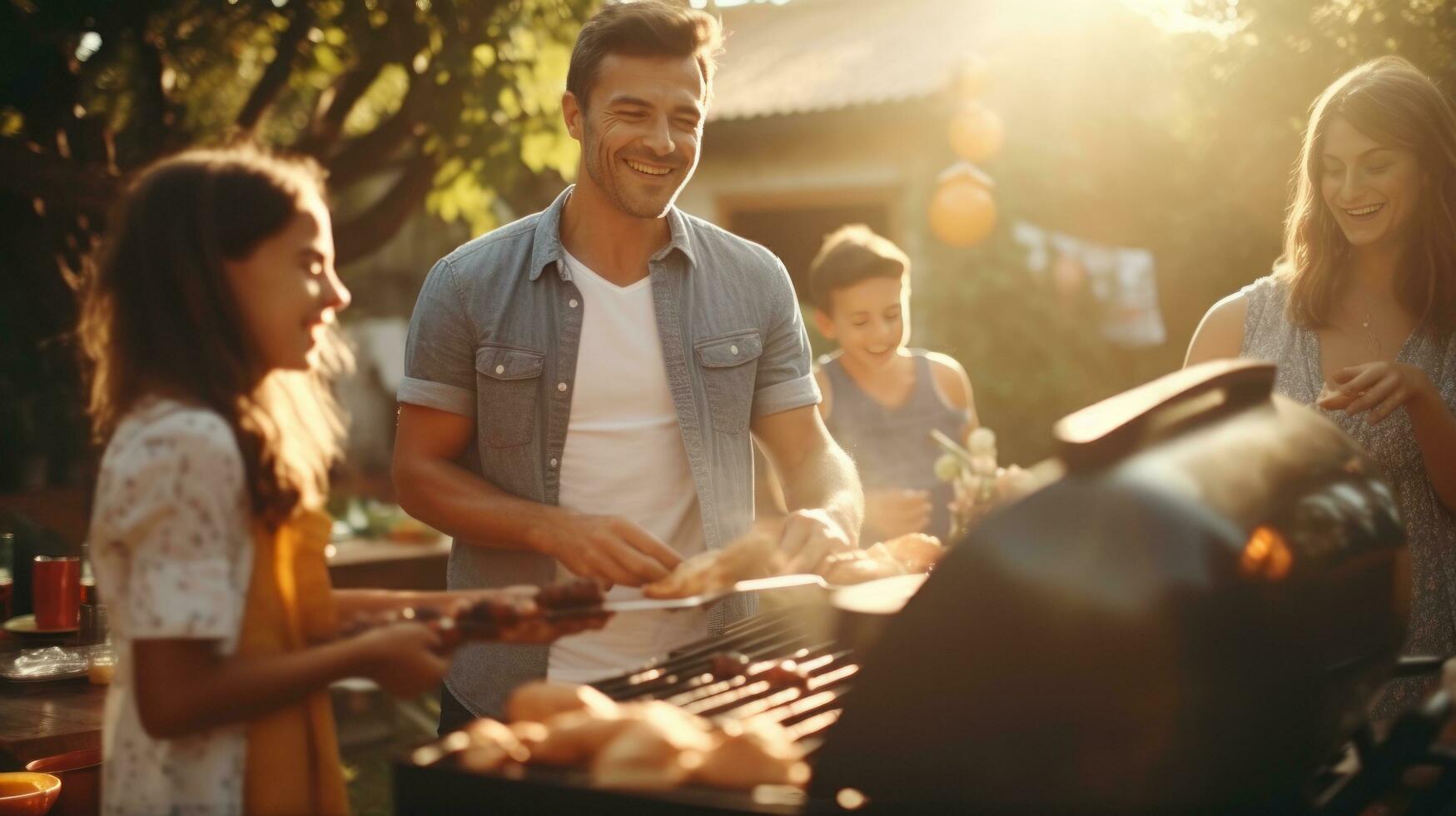 Young family is grilling at the barbecue photo