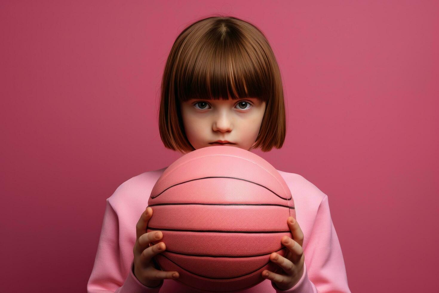 Girl holding basketball ball on pink background photo