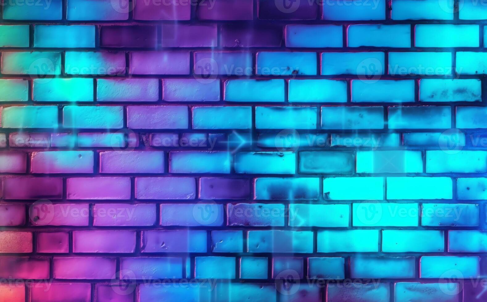 AI Generative Toned purple magenta blue green teal brick wall surface Neon effect Colorful rough background with space for design Dark Grunge backdrop photo