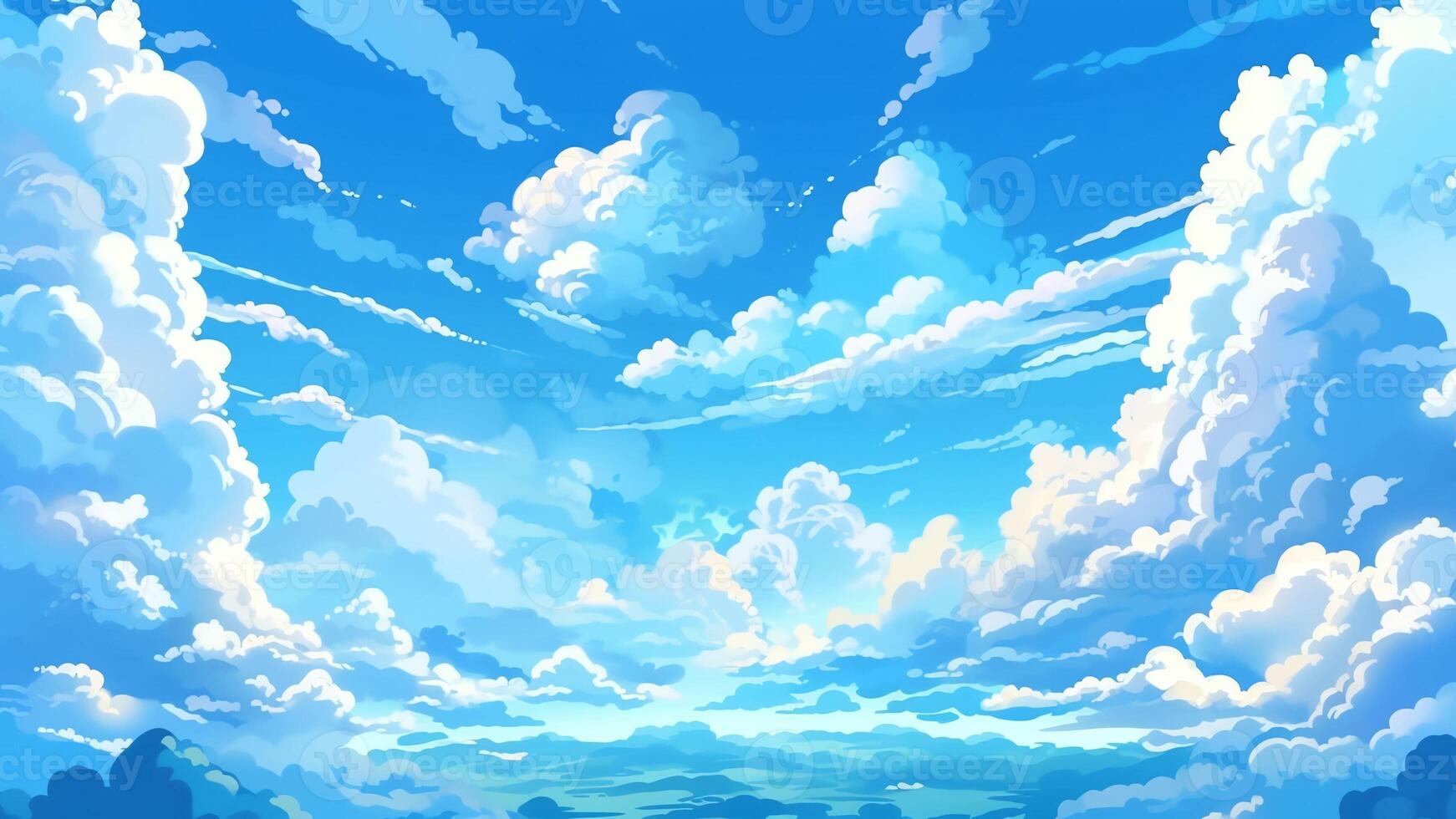 AI Generative White fluffy clouds on a gentle blue sky in the rays of the sun Abstract blue sky background Clouds in the sunlight Panoramic view photo