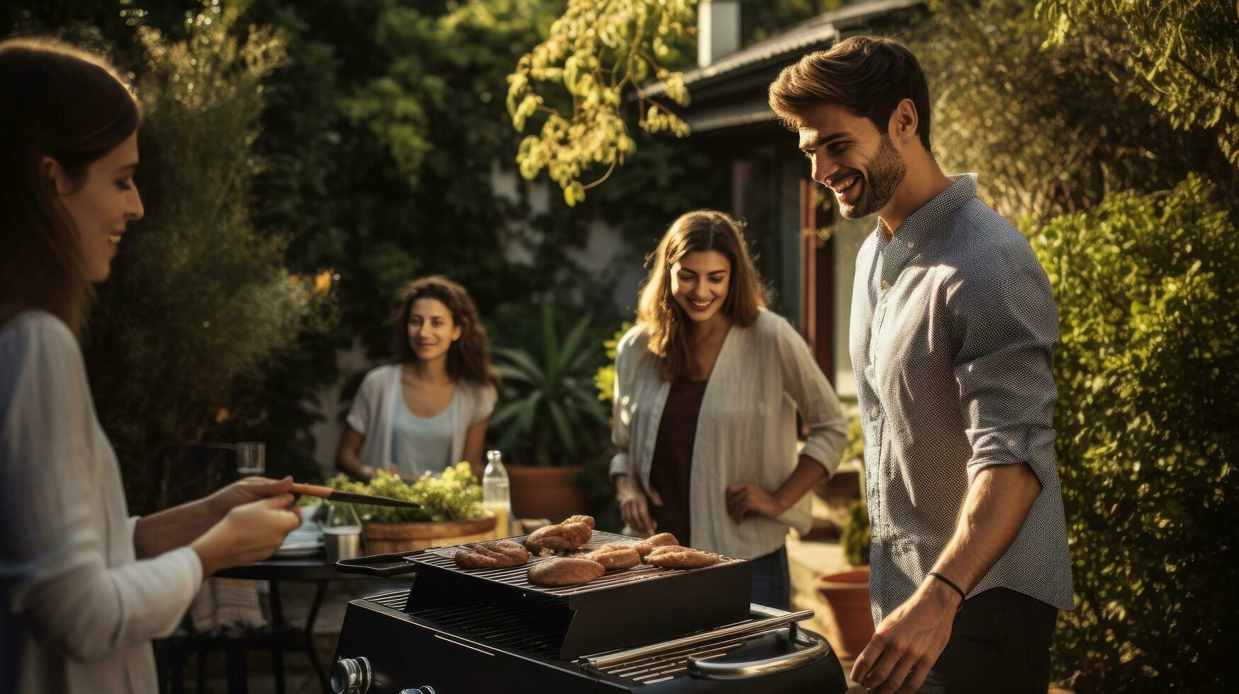 Young family is grilling at the barbecue photo