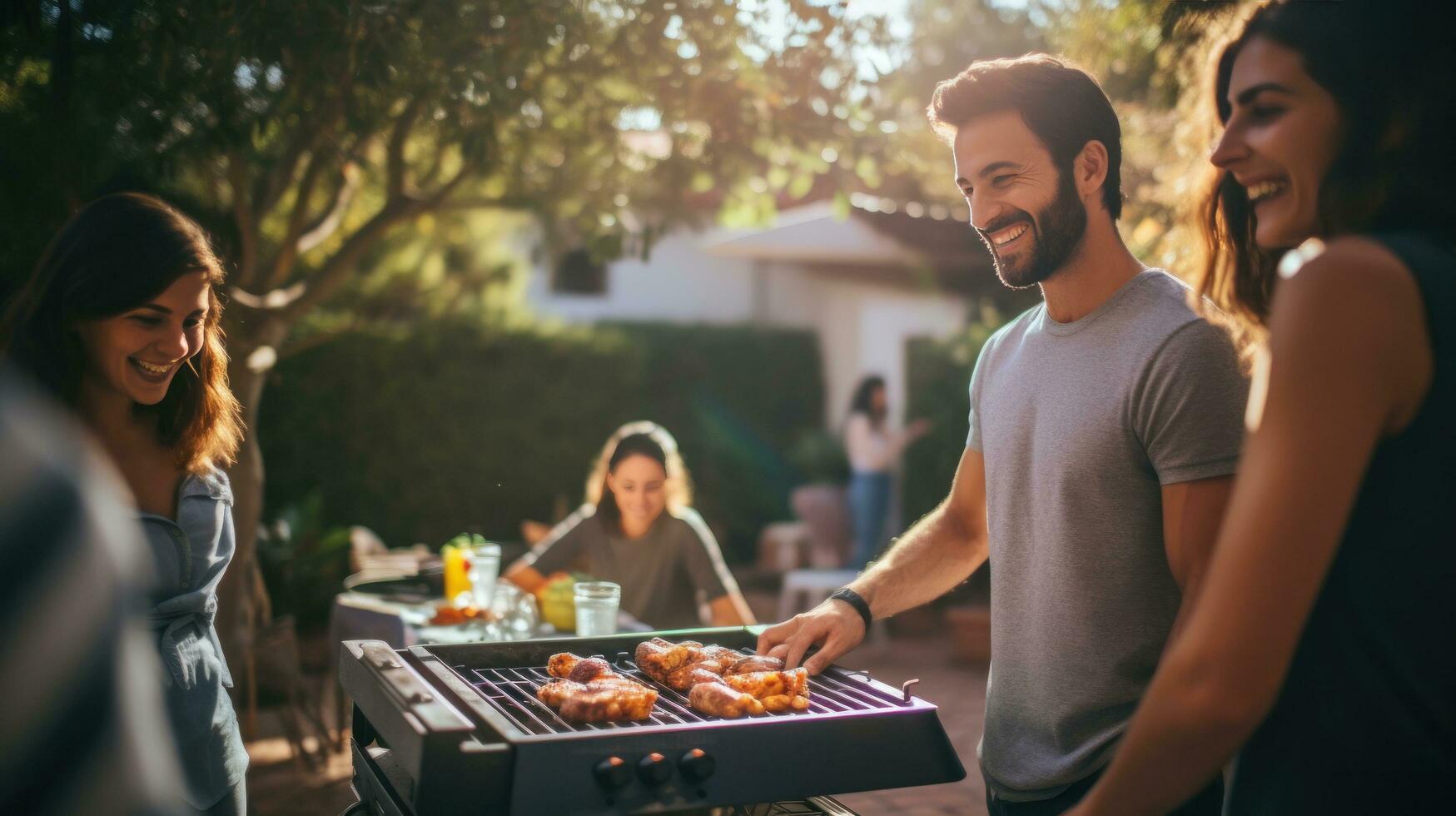 Young family is grilling at the barbecue photo