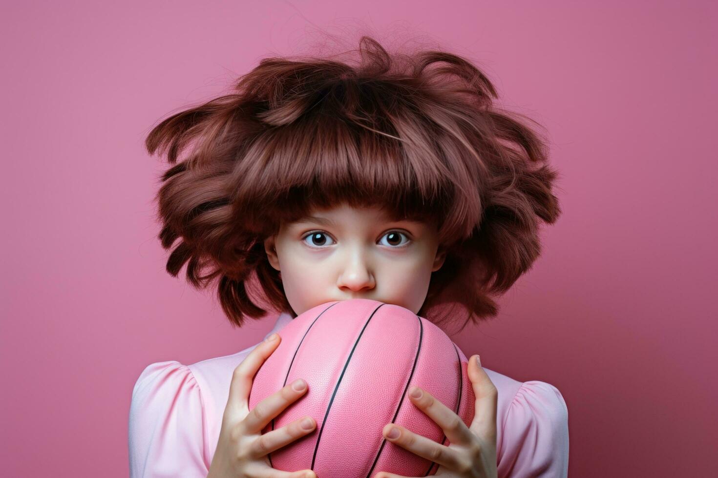 Girl holding basketball ball on pink background photo