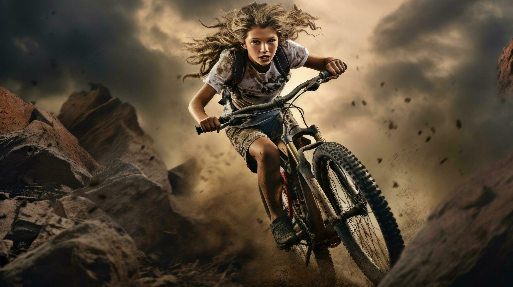 Girl riding bike in mountains photo