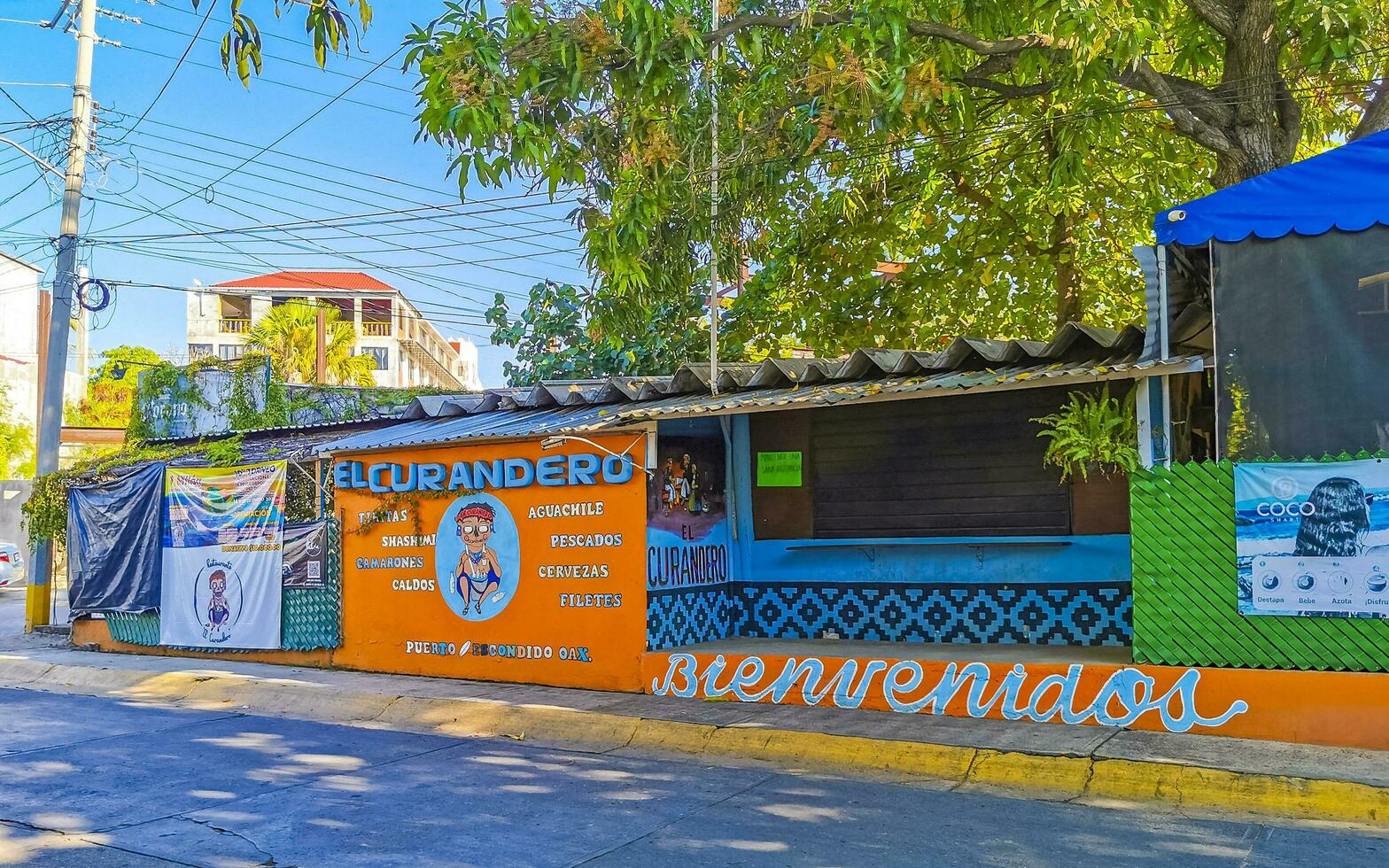 Puerto Escondido Oaxaca Mexico 2023 Restaurant wall with graffiti art drawings paintings in Oaxaca Mexico. photo