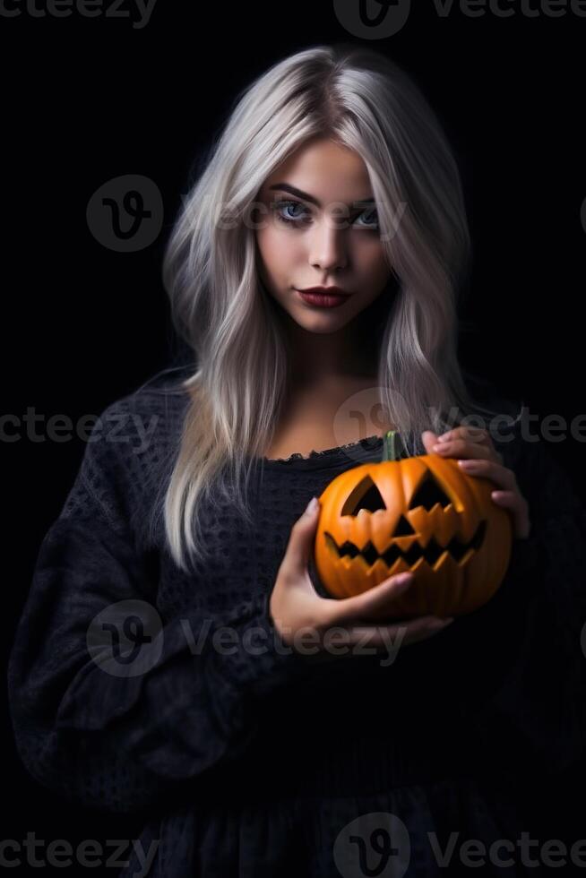 hermosa mujer vistiendo Víspera de Todos los Santos disfraz con calabaza hecho con generativo ai foto